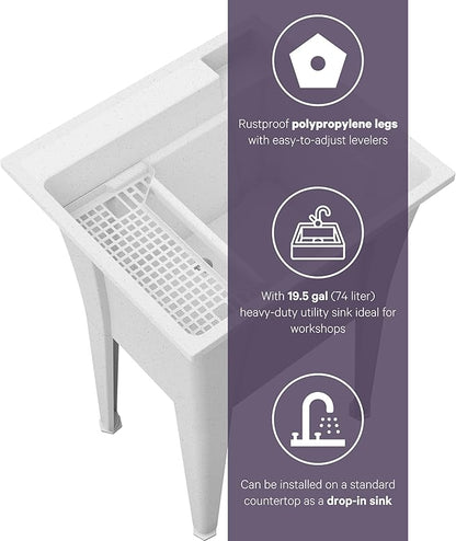 Freestanding Utility Sink with One Handle Chrome Faucet - 24" Plastic Utility Sink for Garage, Laundry, Indoor and Oudoor Use - Laundry Tub Kit by Noah William Home - White (19.5 gal)