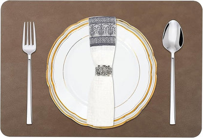 Cowhide Pattern Faux Leather Placemats Set of 6,Heat Resistant Non-Slip Waterproof Wipeable Washable Kitchen Dining PU Table Place Mats,Double-Sides Available,Dark Brown