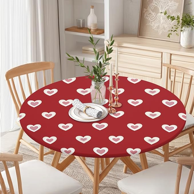 Valentines Day Round Fitted Tablecloth with Elastic Red Pink Heart Circle Table Cloth for 44-48" Round Tables Wipeable Waterproof Washable Burgundy Valentine Table Cover for Picnic Dining Party Decor
