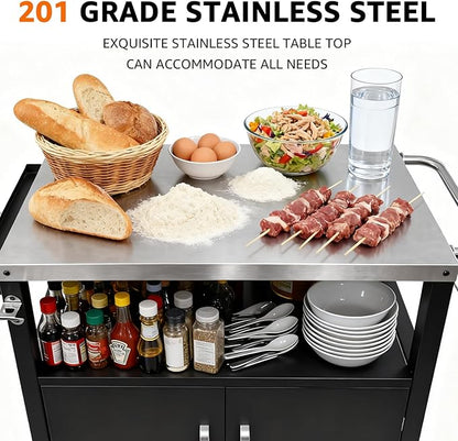 Dining Cart Table with Big Storage Cabinet - Movable Indoor Outdoor Kitchen Island, Multifunctional BBQ Grill Table & Pizza Oven Stand for Food Prep