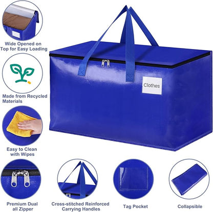 StorageRight Moving Bags-Heavy Duty Moving Boxes, Storage Totes with Zipper, Reinforced Handles and Tag Pocket-Collapsible Moving Supplies for moving, Storage and Travel 93L(Blue-6 Pack)