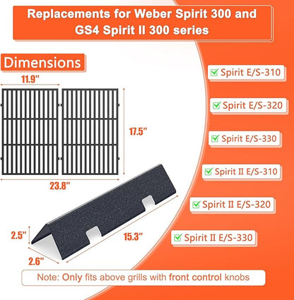 Grill Parts for Weber Spirit 2, Spirit 300 & GS4 Spirit II 300 Series, Spirit E-310,S-310 320, Spirit II E/S 310 Gas Grills with Front Mount Control, 7636/67046 Flavorizer Bars & 7639/7638 Grill Grate