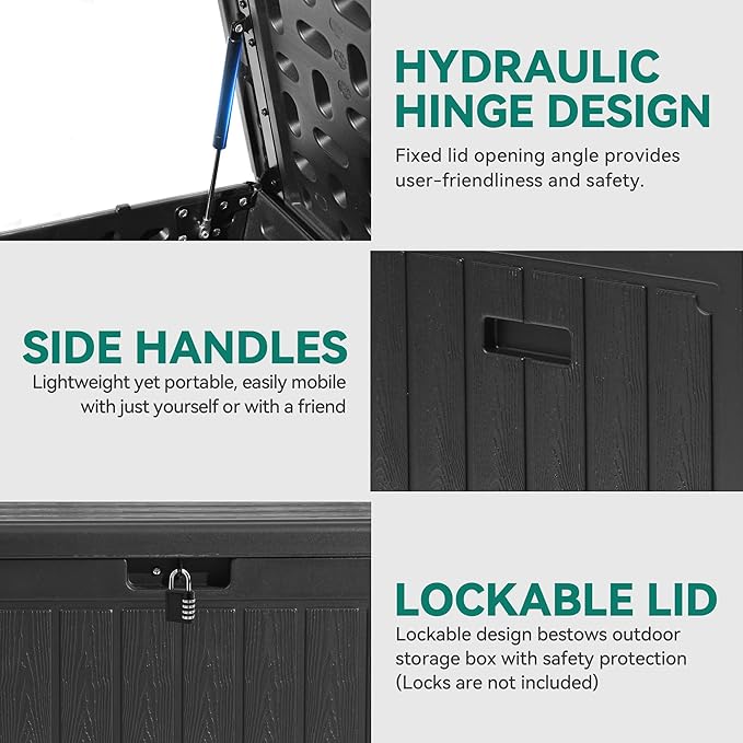 YITAHOME 90 Gallon Double-Wall Deck Box with Side Handles, Outdoor Large Storage for Patio Furniture Cushions, Garden Pool Accessories, Water Resistant & Lockable