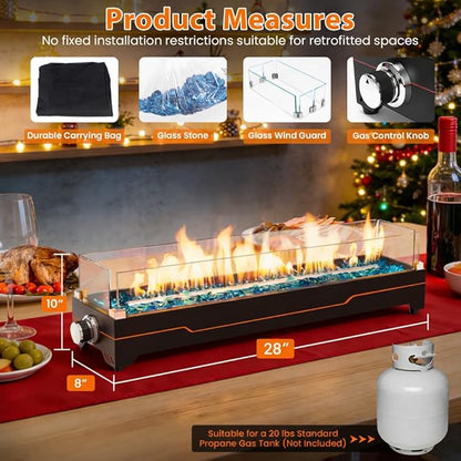 GRISUN 28" Table Top Propane Fire Pit, 45,000 BTU Tabletop Gas Fire Pit, Tabletop Firepit for Patio, Outdoor Portable Fireplace, Rectangular Fire Bowl with Glass Wind Guard, Glass Beads & Cover
