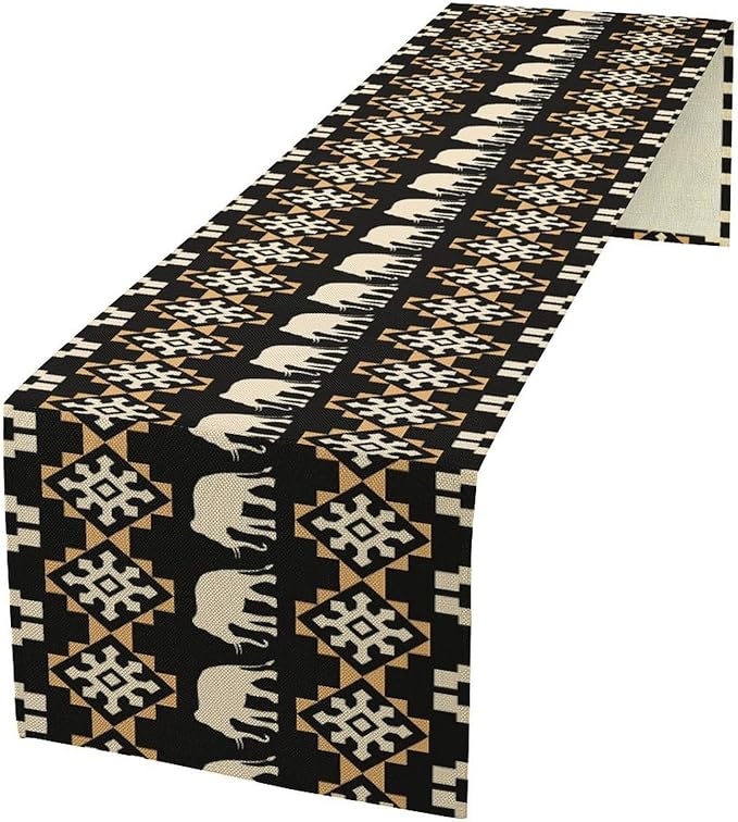 African Table Runner, African Art Elephants Geometric Tribal Ethnic Table Runner for Dining Kitchen Farmhouse Party Coffee Home 13x70in