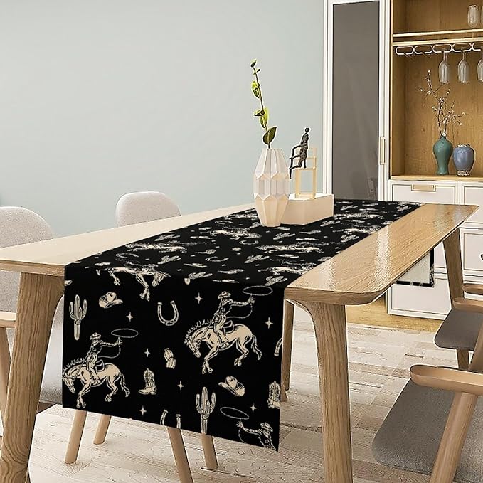 Vintage Western Cowboy Table Runner, Wild West Cowboy Riding Horse Desert Cactus Themed Table Runner for Home Kitchen Dining Party Farmhouse Cafe Outdoor 13x90in