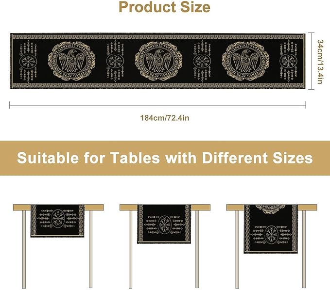 Nordic Vikings Table Runner, Viking Raven Rune Mythology Aesthetic Table Runner for Outdoor Kitchen Dining Home Party 13x90in