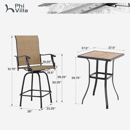 PHI VILLA Outdoor Bar Set for 6, High Top Patio Table and Chairs with Outdoor Swivel Bar Stools for Yard and Garden