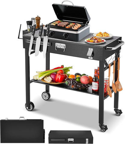 Grill Cart, Portable Outdoor Grill Table for Blackstone Griddle, Foldable Cart Table with Wheels, Griddle Stand with Paper Towel Holder, BBQ Prep Tables with Seasoning Tray