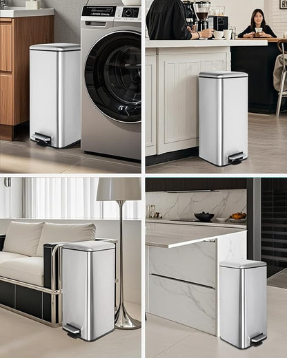 8 Gallon SquareTrash Can with Soft Close Lid, Stainless Steel Trash Can with Removal Inner Bucket, Hand -Free Trash Bin for Kitchen, Office, Laundry, Bathroom, 30 Liter Capacity, Silver