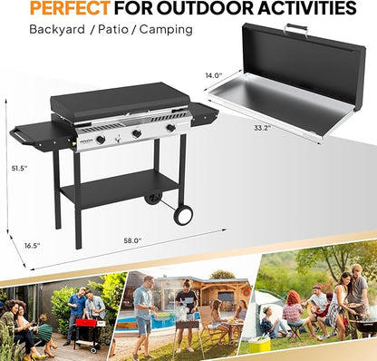 ROVSUN 2-in-1 Propane Stove & 33'' Griddle Combo with Ignition, 3 Burner 225,000 BTU Gas Stove & Grill with Side Shelves, Rolling Wheel & Regulator for Home Outdoor Backyard Camping Cooking Grilling