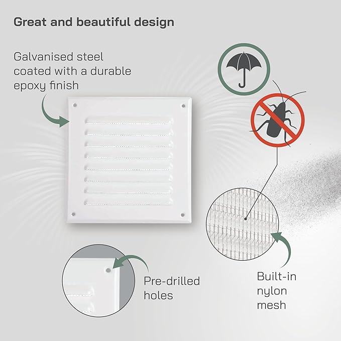 Vent Systems - 5 x 5 Inch (Inner) Pack of 10 White Metal Square Soffit Air Vent Grille Cover, Register Vent Deflector Louver Built-in Mesh HVAC for Bathroom Home Office Kitchen 6.5" x 6.5" (Outer)