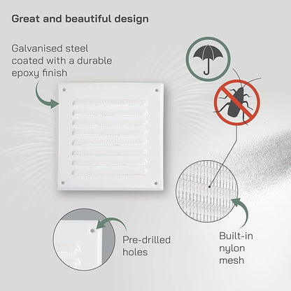 Vent Systems 5 x 5 Inch (Inner) White Vent Cover - Square Metal HVAC Return Air Grille with Mesh Screen - Register Wall Vent Duct Grill - Outdoor, Indoor, Crawlspace Exhaust Ventilation