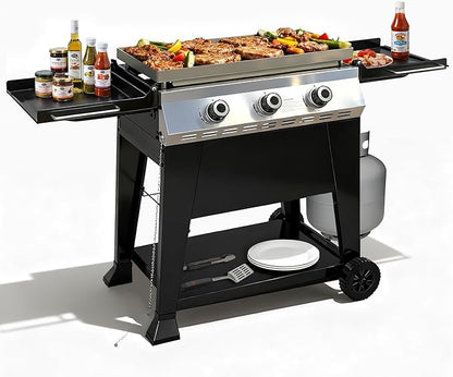 28 Inch Outdoor Flat Top Gas Propane Griddle with 3 Burners 36,000BTU,Powder Coated Steel Portable Gas Grill with Side Shelves for BBQ,Camping,Backyard
