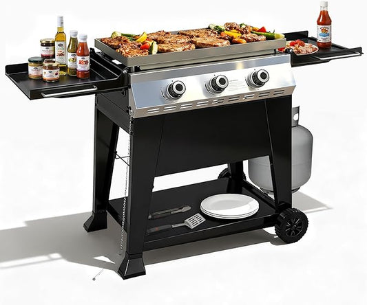 28 Inch Outdoor Flat Top Gas Propane Griddle with 3 Burners 36,000BTU,Powder Coated Steel Portable Gas Grill with Side Shelves for BBQ,Camping,Backyard