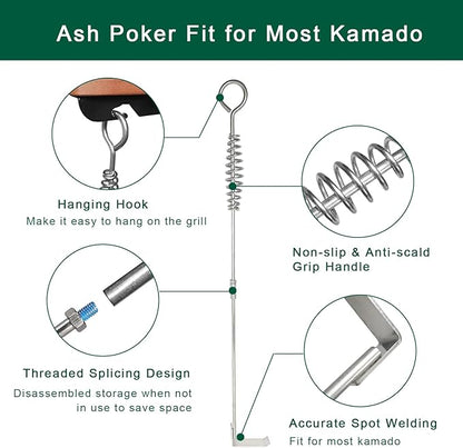 18” BBQ Ash Removal Tool and Ash Pan for Big Green Egg Accessories, Stainless Steel Ash Tool Poker for BGE Primo and Other Charcoal Kamado Stove(at+AP)