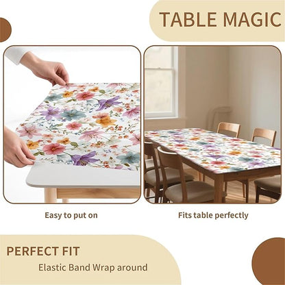Rectangle Table Cloth Cover Waterproof Elastic Fitted Polyester Fitted Tablecloths for 4 Foot Tables for Indoor,Picnic, Camping, Outdoor （48" x 24"，Flower）