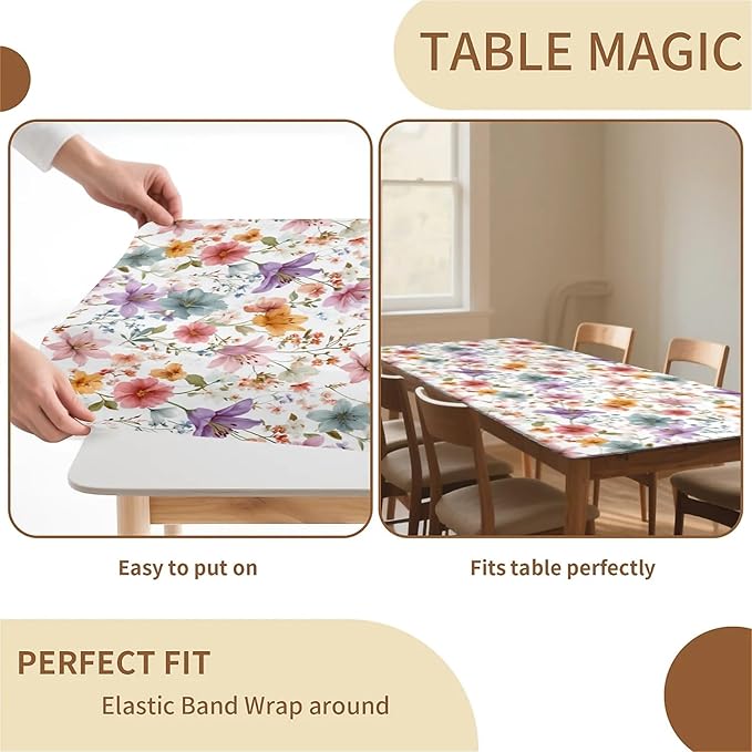 Rectangle Table Cloth Cover Waterproof Elastic Fitted Polyester Fitted Tablecloths for 8 Foot Tables for Indoor,Picnic, Camping, Outdoor （96" x 30"，Flower）
