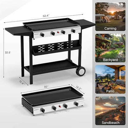 ROVSUN 4 Burner Portable Propane Griddle with Electronic Ignition, 40000 BTU Rolling Flat Top Gas Grill with Nonstick Enameled Tray, Side Shelves & Regulator for Outdoor Cooking Camping BBQ Tailgating
