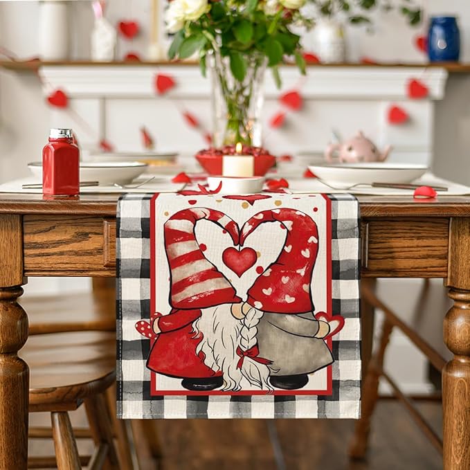 Artoid Mode Watercolor Hearts Gnomes Love Table Runner, Seasonal Anniversary Wedding HoliKitchen Dining Table Decoration for Indoor Outdoor Home Decor 13 x 108 Inch