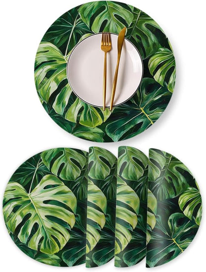 Faux Leather Placemats Set of 4,Tropical Green Leaves Ding Table Round Placemat Easy to Clean Heat-Resistant Waterproof Non-Slip Place Mats Kitchen Living Room Decoration,13inch