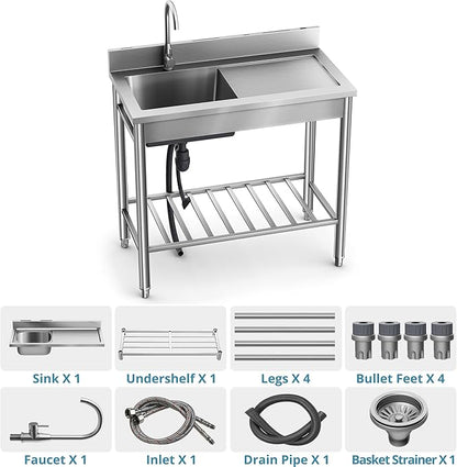 Stainless Steel Sink, Free Standing Kitchen Sink with Countertop Workstation, Utility Sink Single Bowl with Cold and Hot Water Pipe for Kitch Laundry Room Garage Farmhouse Indoor Outdoor (39 Inch L)