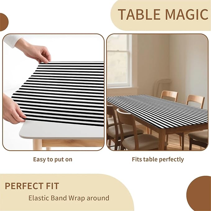Rectangle Table Cloth Cover Waterproof Elastic Fitted Polyester Fitted Tablecloths for 6 Foot Tables for Indoor,Picnic, Camping, Outdoor （60" x 30"，Stripe）