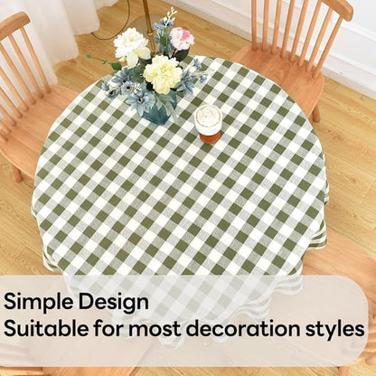 Gingham Table Cloth for Round Tables Green Checkered Plaid Tablecloth Heavy Duty Cotton Blend Washable & Wrinkle Table Cover for Outdoor Kitchen Dining Picnic Camping (60 inch Diameter)