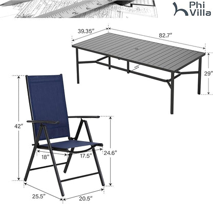 PHI VILLA 9 Piece Patio Dining Set, Patio Furniture Outdoor Dining Set with Adjustable Portable Patio Folding Chairs (Blue) & Large Patio Dining Table for Yard, Garden and Deck
