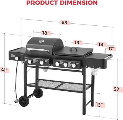 Lyromix 5 Burners Gas Grill and Griddle Combo with Side Burner, Propane Gas Grills with Heavy-duty Enamel Grate, Durable BBQ Outdoor Flat Top Grill for Backyard and Patios, 56000 BTU