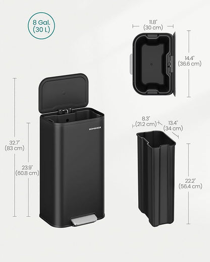 SONGMICS Kitchen Trash Can, 8-Gallon (30 L) Garbage Can with Lid, Stainless Steel, Soft Close and Stays Open, Inner Bucket, Wide Non-Slip Pedal, Ink Black ULTB546B01