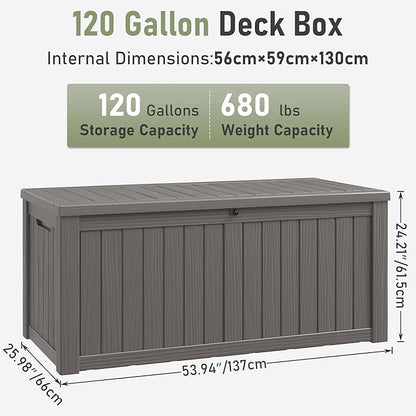 Outdoor Storage Box, 120 Gallon Deck Box, Resin Waterproof Outside Storage Bench, Outdoor Storage Cabinet With Lockable Lid, Backyard Deck Box For Garden Tools, Patio Cushions, Pool Accessories