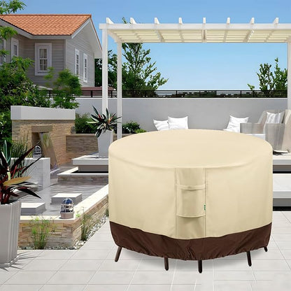 Round Patio Furniture Covers, 96" DIA x 28 H Waterproof Outdoor Furniture Cover for Patio Table & Chair Sets, 600D Heavy-duty UV-Resistant Fade-Proof Protection, Beige & Brown