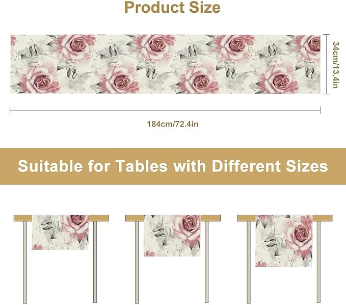 Pink Rose Floral Table Runner,Abstract Watercolor Flower Pattern Modern Romantic Kitchen Dining Table Decoration for Wedding Holiday Home Party 13x120in