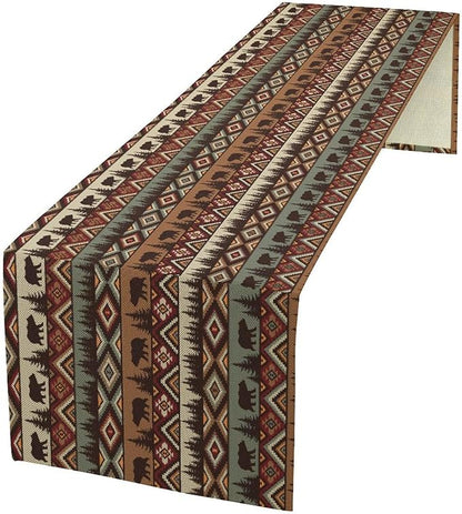 Rustic Bear Table Runner, Cabin Wild Animal Deer Moose Pine Tree Aztec Native Western Farmhouse Hunting Camping Table Runner for Kitchen Dining Home Party 13x70in