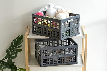 34L Large Plastic Folding Storage Crates,Collapsible Crates for Storage,Pack of 3 (Grey)