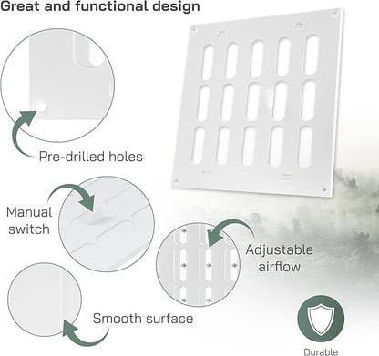 Vent Systems 8" x 8" Inch (Outer Dimensions) Metal Air Vent Grille - White Adjustable Register Vent Cover - Open/Close Air Supply Intake Wall Vent - Heating/Cooling Ceiling Grille for House, Garage