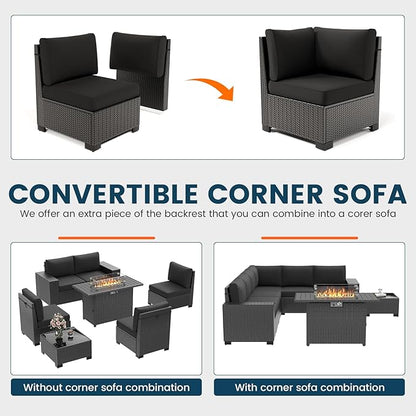 7 Piece Patio Furniture Set with Fire Pit Table, Outdoor Sectional Conversation Sets Black Wicker Rattan Sofa with Coffee Table for Patio Garden Backyard, 4'' Thickened Cushion Black