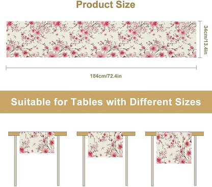 Cherry Flower Table Runner, Seasonal Spring Cherry Blossoms Branches Watercolor Floral Print Table Cover for Kitchen Dining Table Indoor Outdoor Party Decor, 13x60inch
