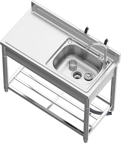 Free Standing Stainless-Steel Single Bowl Commercial Restaurant Kitchen Sink Set w/Faucet & Drainboard, Prep & Utility Washing Hand Basin w/Workbench & Storage Shelves Indoor Outdoor (39 in)