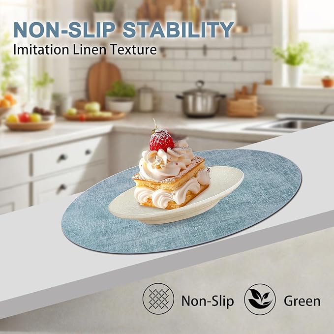 Round Faux Leather Placemats and Coasters, Set of 6, Reversible Heat Resistant Non-Slip Table Mats, Waterproof Wipeable Place Mats for Dining Table, Washable for Indoor & Outdoor (6, Blue)