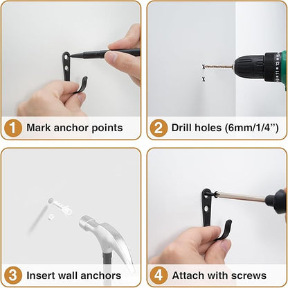 10Pcs Wall Hooks for Bathroom, Kitchen, Closet, and Garage - Black Metal Hooks for Hanging Coats, Towels, Hats, Keys, Bags, and Coffee Cups - Holds Up to 40 lbs