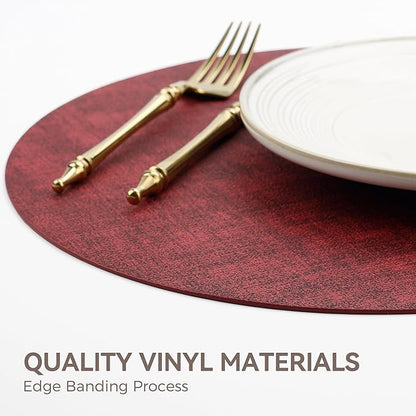 13"Round Placemats Set of 4, Reversible Faux Leather Heat Resistant Table Mats, 100% Waterproof Oilproof Wipeable Table Protective Placemats for Vinyl, Washable for Indoor & Outdoor Use (4, burgundy)