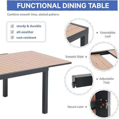 Soleil Jardin Aluminum Patio Extendable Dining Table, 63" - 105", Adjustable Indoor Outdoor Furniture Rectangle Table w/Thermal Transfer Wood Grain Tabletop for 6-10 Person Porch Deck Garden, Black