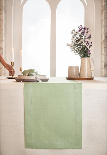 D'Moksha Homes Linen Sage Green Table Runner 120 Inches Long - 100% Pure Linen Hemstitch 14 x 120 Inch Table Runner for Dining, Spring, St Patricks Day, Easter - Classic Hemstitch