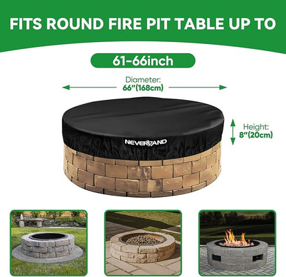 NEVERLAND Round Fire Pit Cover for In-Ground Fire Pits, 61-66 Inch Heavy Duty 600D Waterproof Outdoor Firepit Cover, Fits Built-In Stone Fire Pits, Black