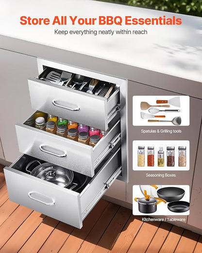 VEVOR Outdoor Kitchen Drawers 18.11" W x 23.23" D x 23.23" H, Triple-Access Stainless Steel BBQ Drawers with Handles, BBQ Island Drawer for Outdoor Kitchens or Barbeque Island Patio Grill Station