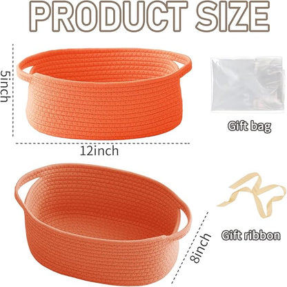 Woven Basket,Small Rope Storage Bin with Handles & Ribbon Bag, Organizer for Shelves Closets,Gift Basket Empty for Birthday,Books,Dog Toys,Orange/3 Pack