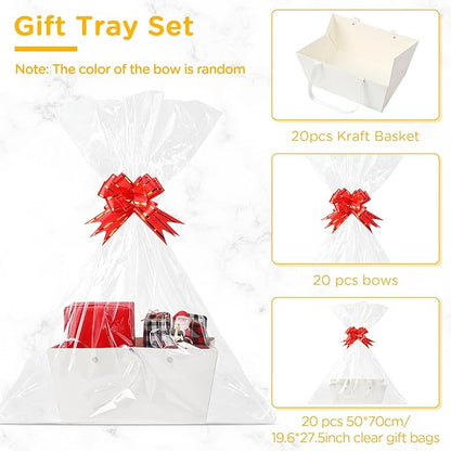Tuanse 30 Pcs Basket for Gift Empty DIY Bulk Gift Basket Kit with Handle Kraft Cardboard Tray with 30 Bag 30 Bow Market Tray for Wedding Party(White,9.8 x 6.5 x 4.3 in)