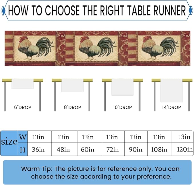 Vintage Watercolor Rooster Table Runner Kitchen Dining Table Runner 13*72in Table Center Decor for Indoor Outdoor Home Holiday Party